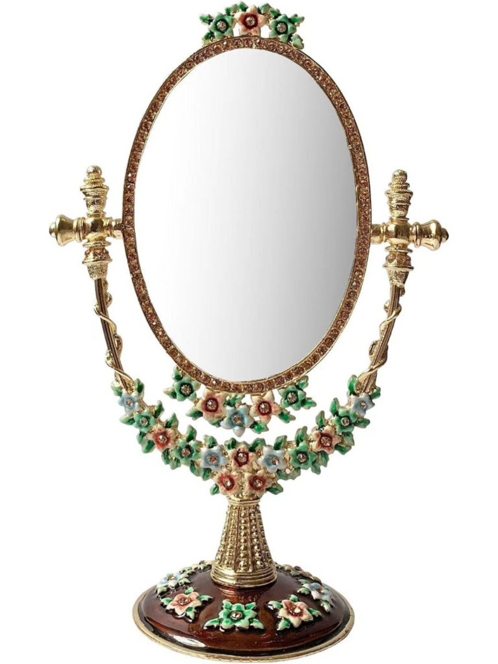 Vintage Hand-Painted Oval Makeup Mirror - Adjustable Metal Tabletop Decor